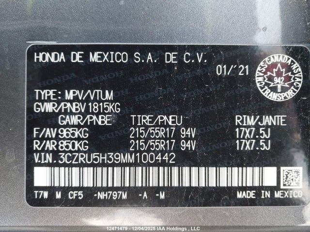 3CZRU5H39MM100442 Honda HR-V