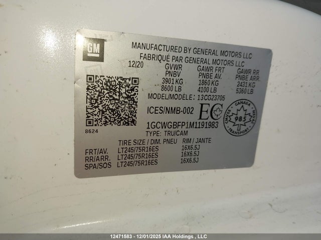 2021 Chevrolet Express G2500 მანქანა იყიდება აუქციონზე, vin: 1GCWGBFP1M1191983, აუქციონის ნომერი: 12471583