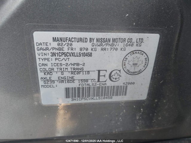 3N1CP5CVXLL510458 Nissan KICKS SV