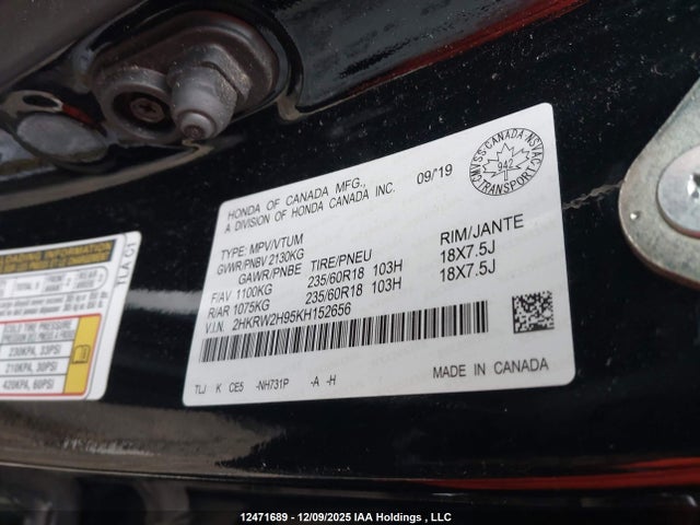 Продаж на аукціоні авто 2019 Honda Cr-v Touring, vin: 2HKRW2H95KH152656, номер лоту: 12471689