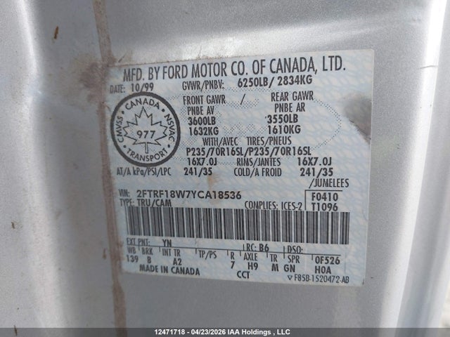 12471718 :رقم المزاد ، 2FTRF18W7YCA18536 vin ، 2000 Ford F-150 Standard/xl/xlt مزاد بيع
