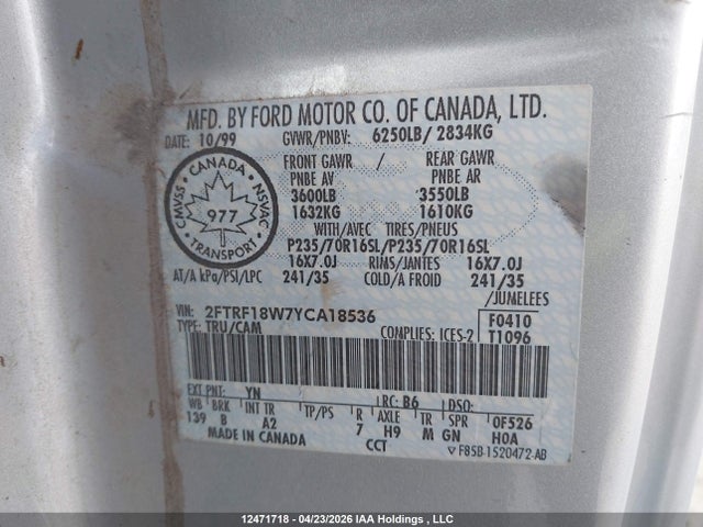 12471718 :رقم المزاد ، 2FTRF18W7YCA18536 vin ، 2000 Ford F-150 Standard/xl/xlt مزاد بيع