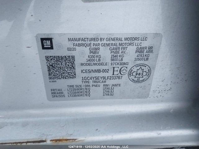 12471819 :رقم المزاد ، 1GC4YSEY9LF233767 vin ، 2020 Chevrolet Silverado 3500hd Work Truck مزاد بيع