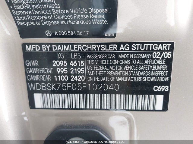 Aukcja sprzedaży 2005 Mercedes-benz Sl 500, vin: WDBSK75F05F102040, numer aukcji: 12471868