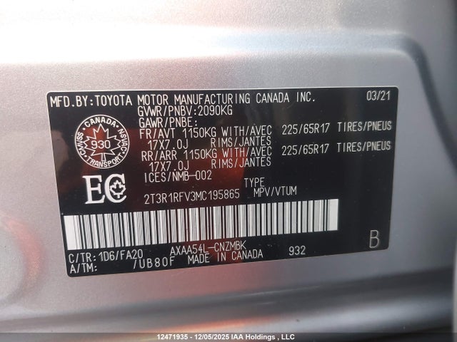 Aukcja sprzedaży 2021 Toyota Rav4 Xle, vin: 2T3R1RFV3MC195865, numer aukcji: 12471935