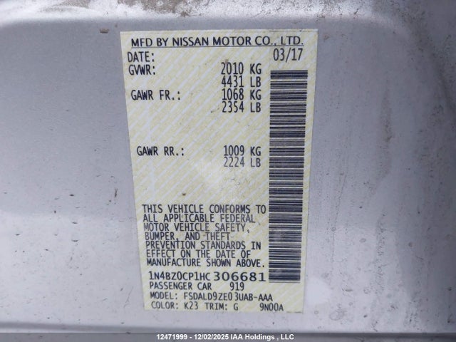 12471999 :رقم المزاد ، 1N4BZ0CP1HC306681 vin ، 2017 Nissan Leaf S/sv/sl مزاد بيع