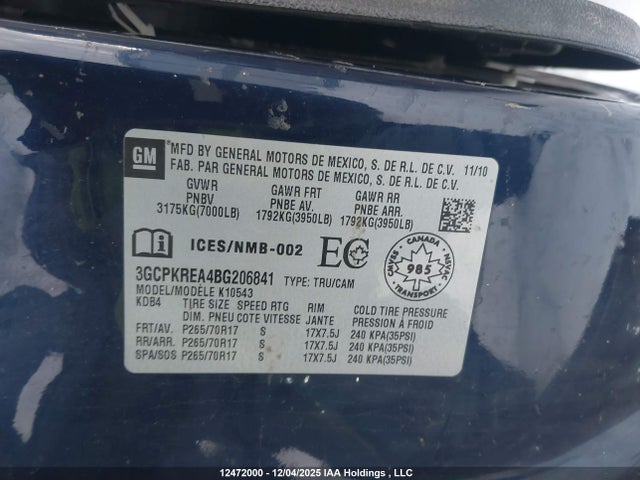 12472000 :رقم المزاد ، 3GCPKREA4BG206841 vin ، 2011 Chevrolet Silverado 1500 Ls مزاد بيع