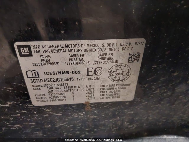 Aukcja sprzedaży 2018 Gmc Sierra K1500 Sle, vin: 3GTU2MEC2JG106615, numer aukcji: 12472172