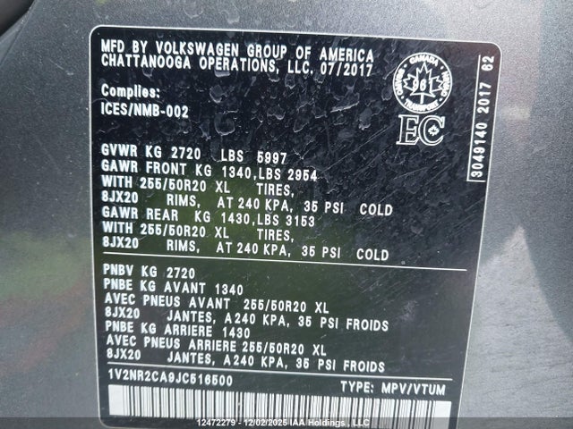 1V2NR2CA9JC516500 Volkswagen Atlas Sel Premium
