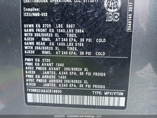 1V2NR2CA9JC516500 Volkswagen Atlas Sel Premium