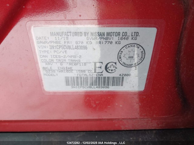 12472282 :رقم المزاد ، 3N1CP5CV8LL483096 vin ، 2020 Nissan Kicks مزاد بيع