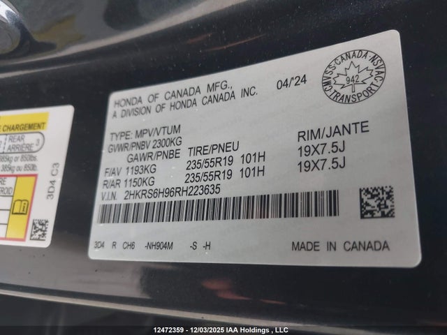 Продаж на аукціоні авто 2024 Honda Cr-v Touring Hybrid, vin: 2HKRS6H96RH223635, номер лоту: 12472359