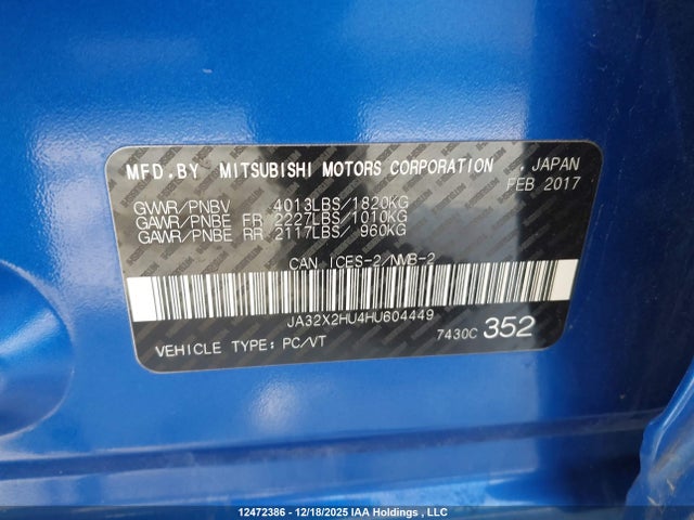 JA32X2HU4HU604449 Mitsubishi LANCER SPORTBACK