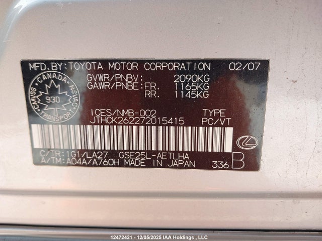 12472421 :رقم المزاد ، JTHCK262272015415 vin ، 2007 Lexus Is 250 مزاد بيع