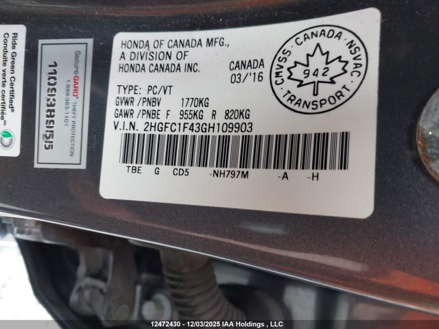 Honda l15b7 2016 2HGFC1F43GH109903 Image 9