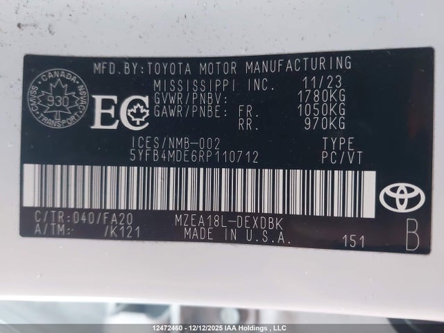 5YFB4MDE6RP110712 Toyota COROLLA L