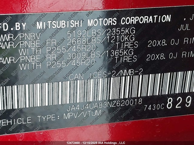 JA4J4UA83NZ620018 Mitsubishi Outlander Le/le Premium/se/sel