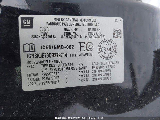 Продаж на аукціоні авто 2012 Chevrolet Suburban 1500 Lt, vin: 1GNSKJE79CR279714, номер лоту: 12472520