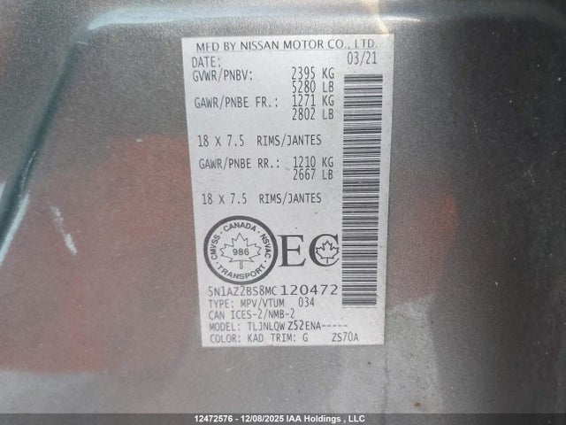 Продажа на аукционе авто 2021 Nissan Murano Sv, vin: 5N1AZ2BS8MC120472, номер лота: 12472576