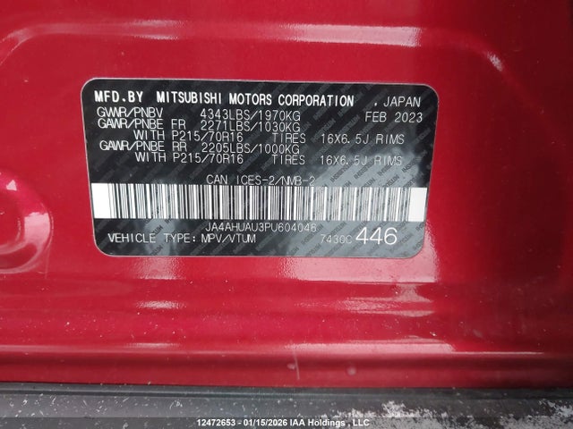 12472653 :رقم المزاد ، JA4AHUAU3PU604046 vin ، 2023 Mitsubishi Rvr Es/se مزاد بيع
