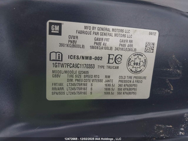 Aukcja sprzedaży 2012 Gmc Savana G2500, vin: 1GTW7FCA9C1170353, numer aukcji: 12472665