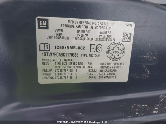 Aukcja sprzedaży 2012 Gmc Savana G2500, vin: 1GTW7FCA9C1170353, numer aukcji: 12472665