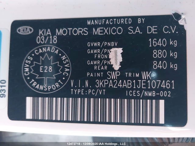 3KPA24AB1JE107461 KIA Rio