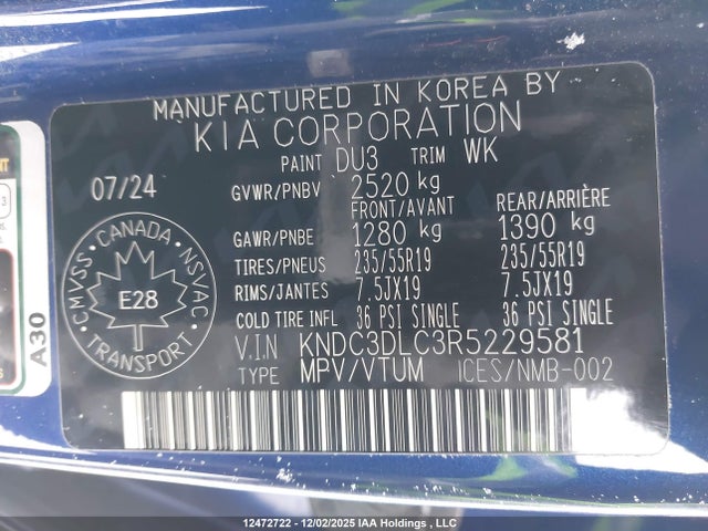 12472722 :رقم المزاد ، KNDC3DLC3R5229581 vin ، 2024 Kia Ev6 Land/wind مزاد بيع