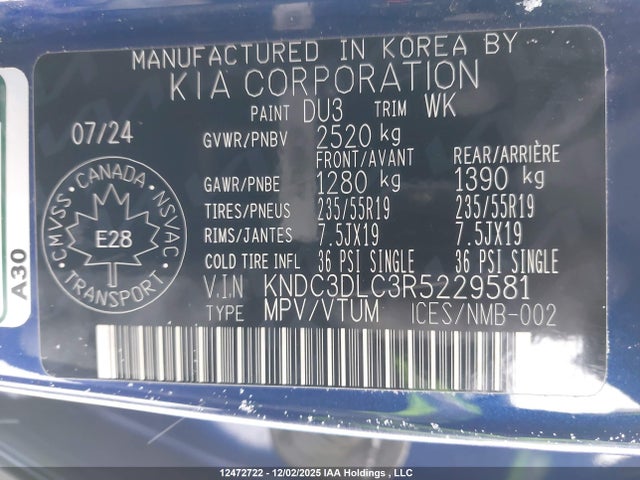 12472722 :رقم المزاد ، KNDC3DLC3R5229581 vin ، 2024 Kia Ev6 Land/wind مزاد بيع