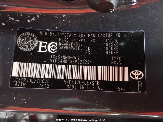 Aukcja sprzedaży 2025 Toyota Corolla Se/xse, vin: 5YFB4MBE3SP221291, numer aukcji: 12472812