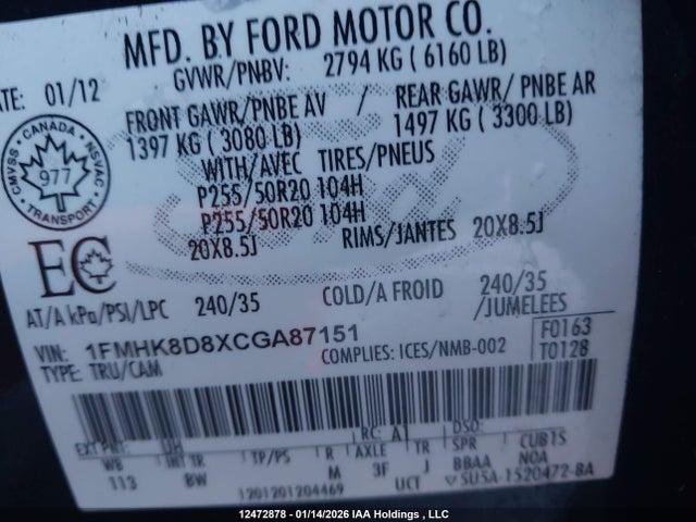 Продажа на аукционе авто 2012 Ford Explorer Xlt, vin: 1FMHK8D8XCGA87151, номер лота: 12472878