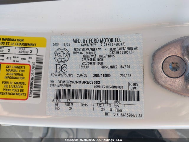 2025 Ford Bronco Sport Outer Banks მანქანა იყიდება აუქციონზე, vin: 3FMCR9CNXSRE03562, აუქციონის ნომერი: 12472900