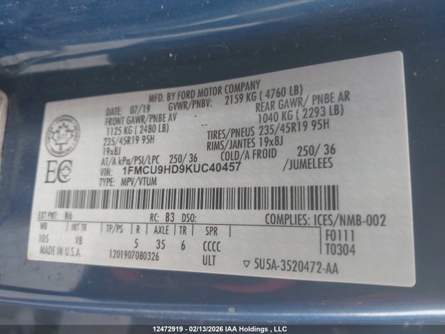Продажа на аукционе авто 2019 Ford Escape Sel, vin: 1FMCU9HD9KUC40457, номер лота: 12472919