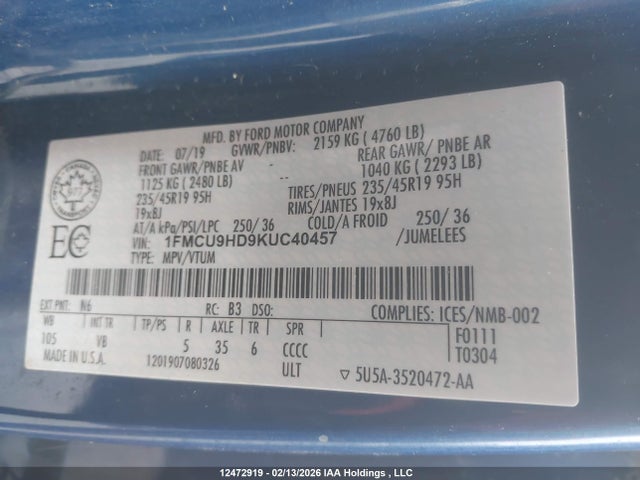 Продажа на аукционе авто 2019 Ford Escape Sel, vin: 1FMCU9HD9KUC40457, номер лота: 12472919