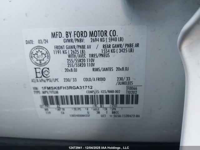 12472941 :رقم المزاد ، 1FMSK8FH3RGA31712 vin ، 2024 Ford Explorer Limited مزاد بيع