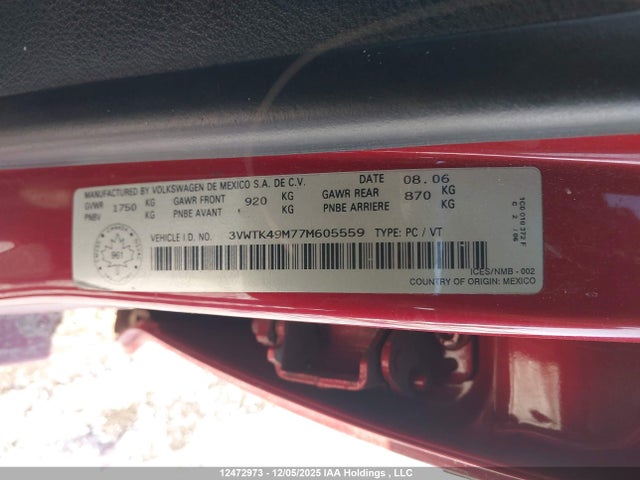 Продаж на аукціоні авто 2007 Volkswagen City Jetta 2.0, vin: 3VWTK49M77M605559, номер лоту: 12472973