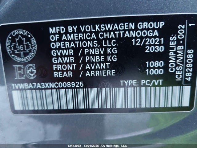 12473062 :رقم المزاد ، 1VWBA7A3XNC008925 vin ، 2022 Volkswagen Passat Limited Edition مزاد بيع