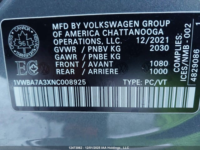12473062 :رقم المزاد ، 1VWBA7A3XNC008925 vin ، 2022 Volkswagen Passat Limited Edition مزاد بيع
