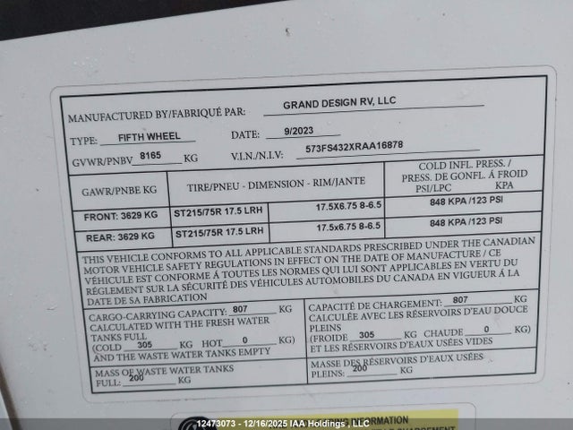 573FS432XRAA16878 Grand Design Recreational