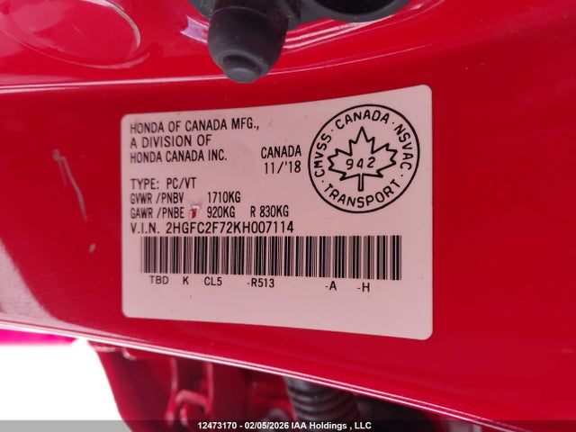 Aukcja sprzedaży 2019 Honda Civic, vin: 2HGFC2F72KH007114, numer aukcji: 12473170