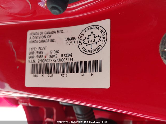 Aukcja sprzedaży 2019 Honda Civic, vin: 2HGFC2F72KH007114, numer aukcji: 12473170