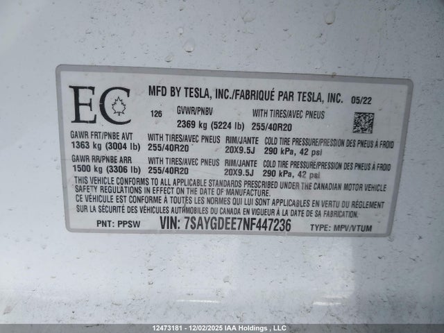 7SAYGDEE7NF447236 Tesla Model Y