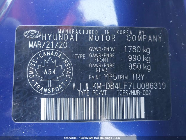 KMHD84LF7LU086319 Hyundai Elantra Preferred With Sun And Safety Package Auto Ivt