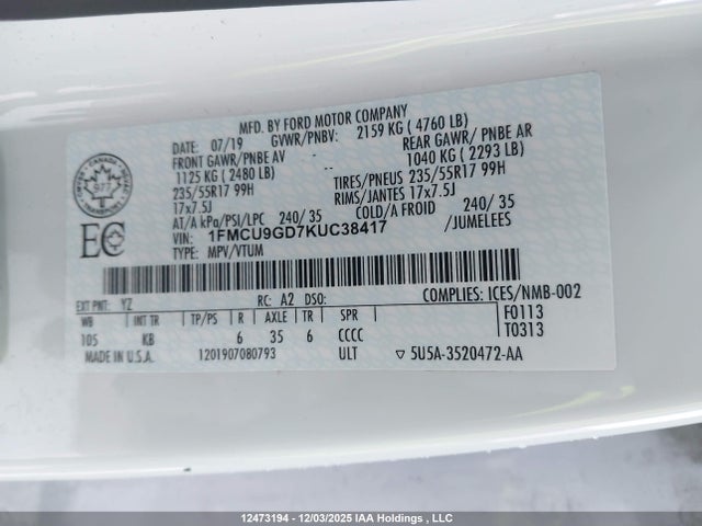 1FMCU9GD7KUC38417 Ford ESCAPE SE