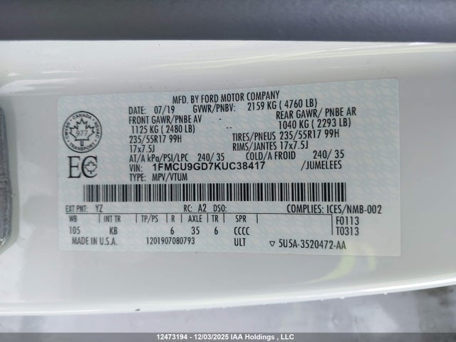 1FMCU9GD7KUC38417 Ford ESCAPE SE