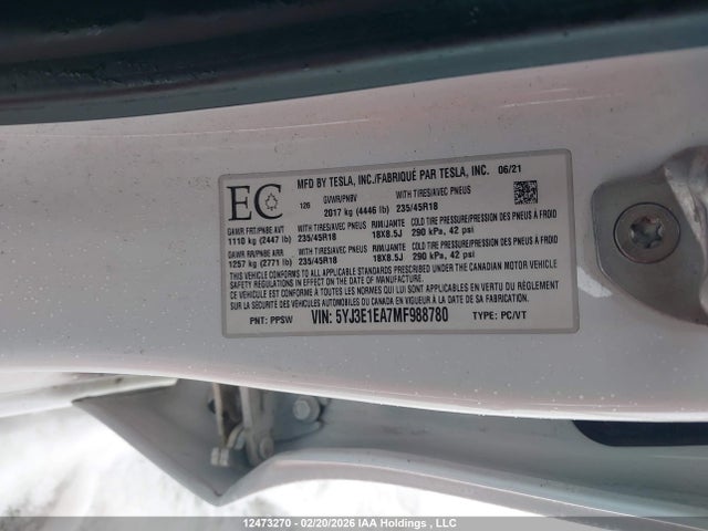Aukcja sprzedaży 2021 Tesla Model 3 Standard Range/standard Range Plus, vin: 5YJ3E1EA7MF988780, numer aukcji: 12473270