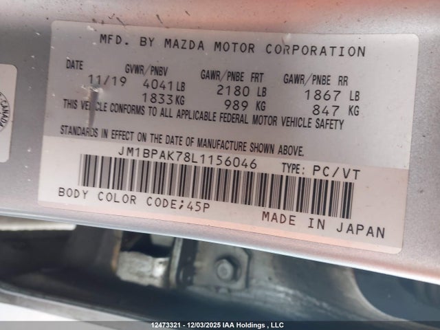 Aukcja sprzedaży 2020 Mazda Mazda3 Gx, vin: JM1BPAK78L1156046, numer aukcji: 12473321