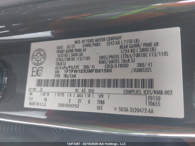 1FTFW1E83MFB81580 Ford F-150 Xlt