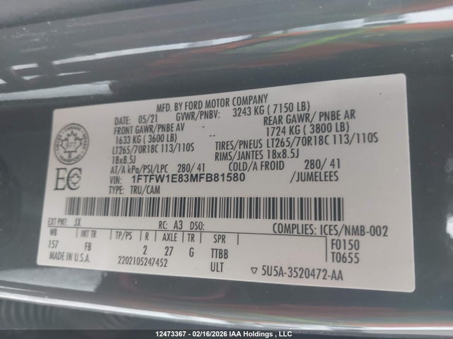 1FTFW1E83MFB81580 Ford F-150 Xlt
