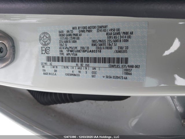 Aukcja sprzedaży 2023 Ford Escape, vin: 1FMCU0E18PUA93318, numer aukcji: 12473390